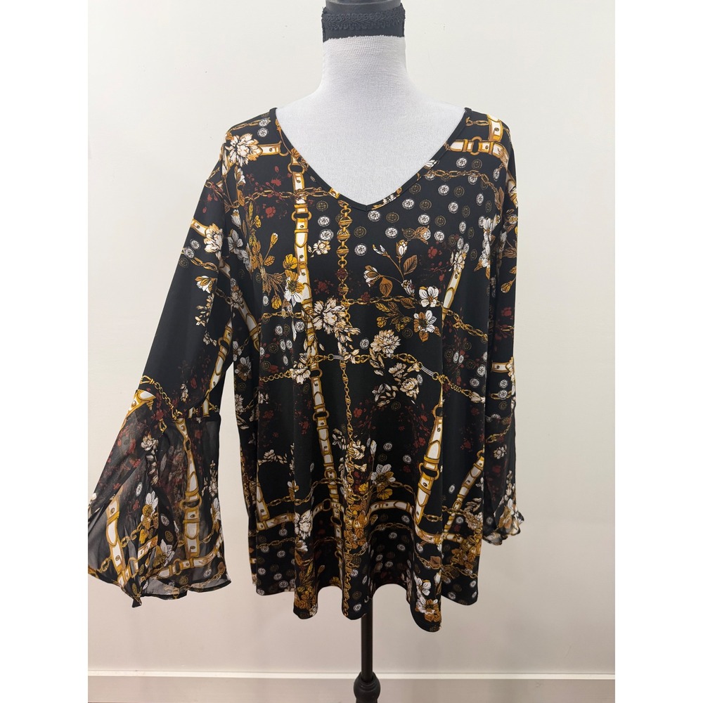 Est. 1946 Women Black Floral Chain Print V-Neck Chiffon Bell Sleeve Blouse 18/20